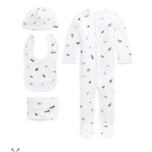 Ralph Lauren NWOT 6 month Snow Polo Bear Footie, Hat, Bib & Bag Gift Set - Baby